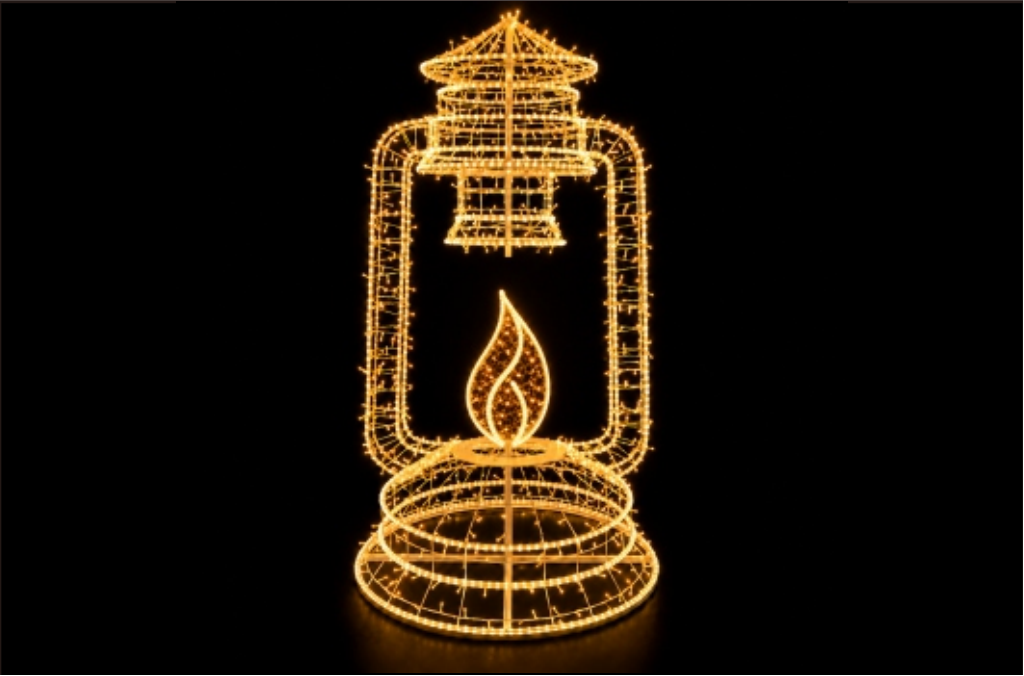 3D Ramadan Fanous Lantern Light with Flame for Commercial Decoration