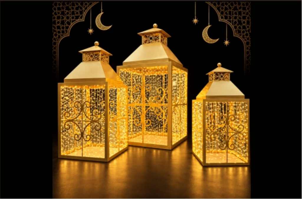 3D Golden Ramadan Fanous Lantern Display for Mall and Outdoor Decoration